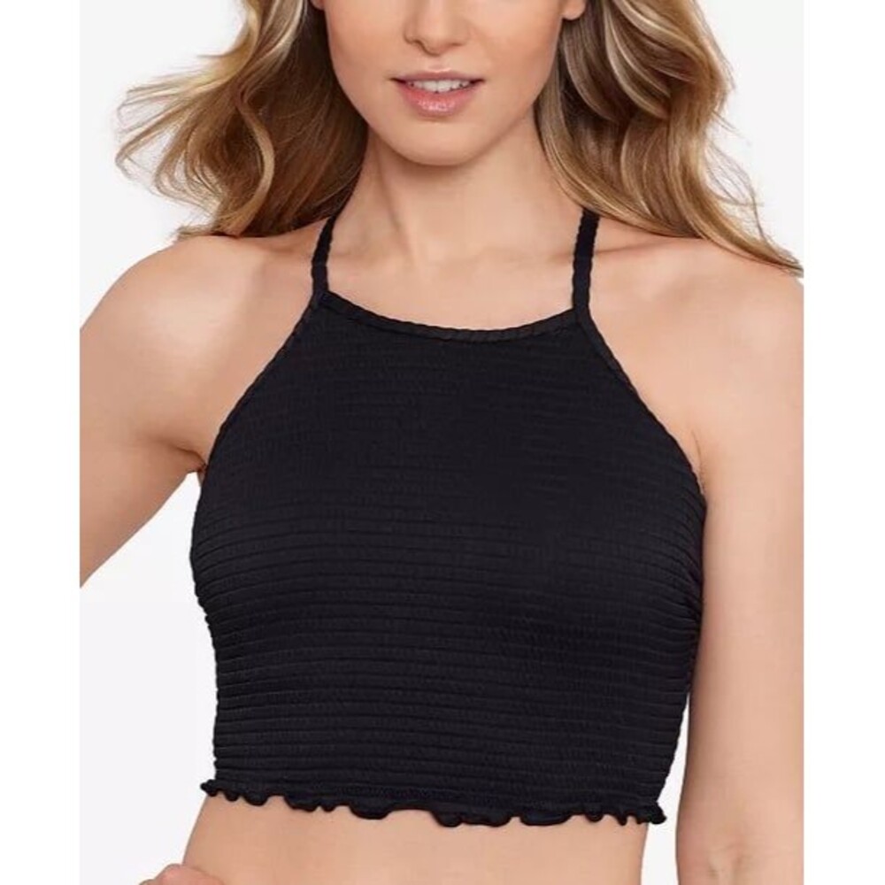 Salt + Cove Seersucker Lace-Up Tankini Top Black Size Medium